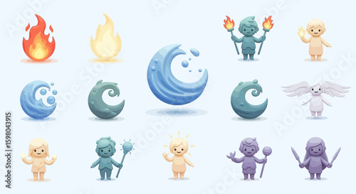 Whimsical set of cute fantasy stickers with a unicorn cupcake, crescent moon, magic potions, spellbook, and crystals