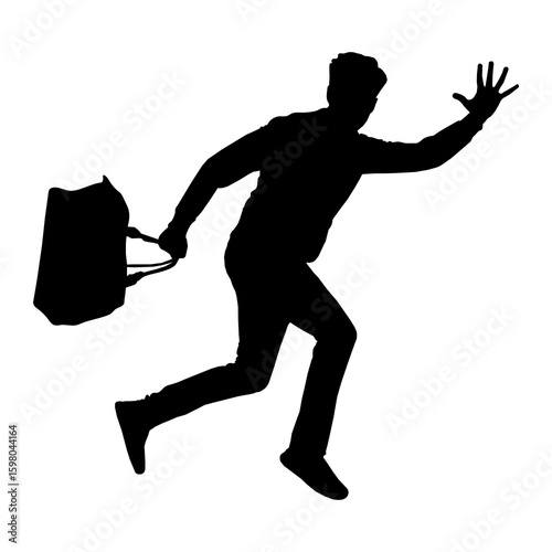 Full body vector silhouette of young man suitcase run hurry hold device,Man with suitcase  running, rushing.vector illustration 