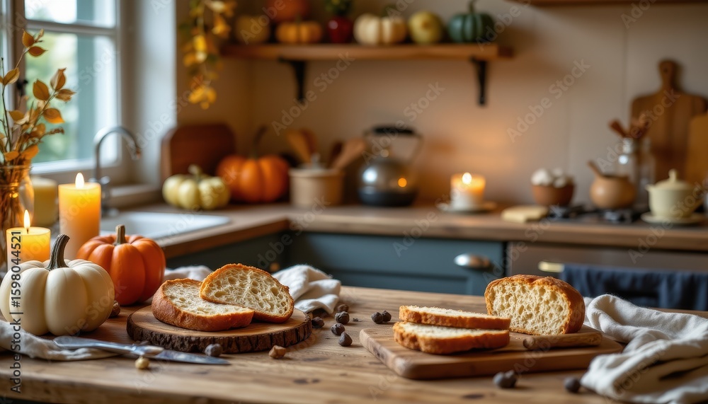 Fototapeta premium a kitchen scene with freshly baked bread and fall candles creating a warm home baking atmosphere