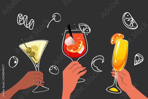 Background with hands holding alcoholic drinks. Martini, Aperol Spritz, Mimosa on a dark background. Vector illustration.