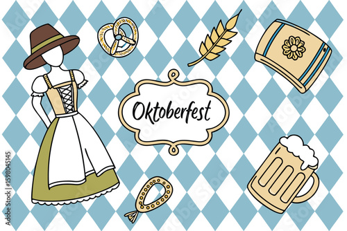 Oktoberfest illustration with beer pretzel wheat dirndl dress on blue background