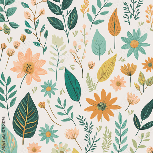 Illustration Motif Fleurs et Feuillages Nature Végétation, Papier Peint Couleurs diverses Vecteur