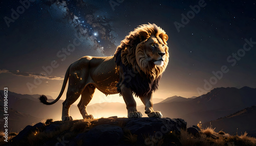 A landscape with a lion standing against a background of fantastic constellations