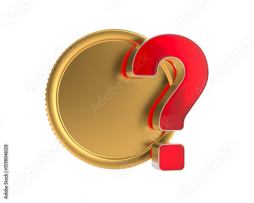 Golden coin and question mark on white background. Isolated 3D illustration