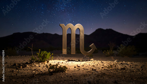 A landscape with the Scorpio symbol glowing in the wilderness at night in the wilderness