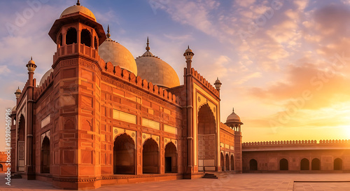 A scenic view of the badshahi mosque in lahore pakistan during a vibrant sunset with clouds