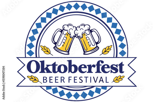 Oktoberfest Beer Festival Logo with Beer Mugs and Wheat Graphic