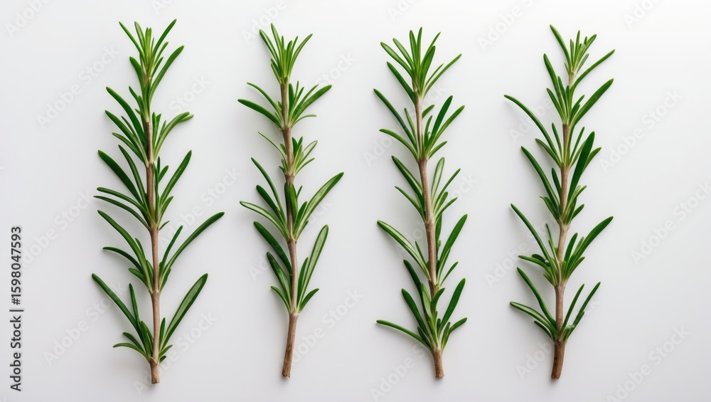 Fototapeta premium Four sprigs of rosemary herb with green leaves and woody stems arranged in a row on a white background.