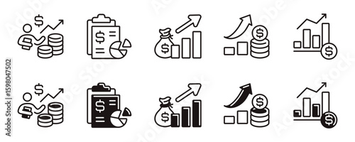 simple finance profit growth report icon line set business accounting earning chart arrow up income graph clipboard signs vector illustration
