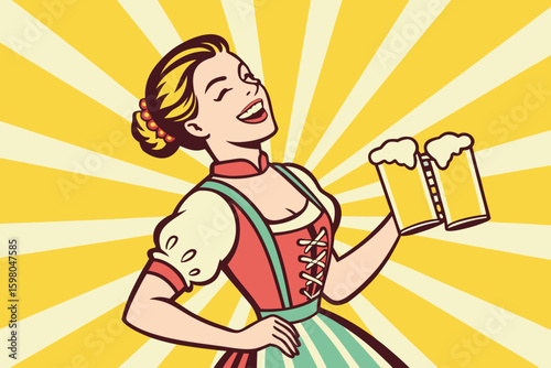 Retro Oktoberfest Girl with Beer Mugs in Pop Art Style Illustration