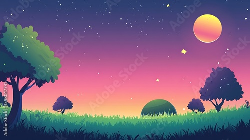 Cartoon Landscape with Trees, Grass, Moon, and Stars at Night