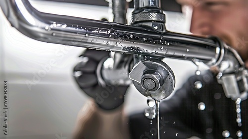Plumber fixing a leaky water pipe under the sink. They're using a wrench and trying to fix it. Sometimes, pipes can get dirty or rusty, so a plumber needs to clean them or replace the sink drain.