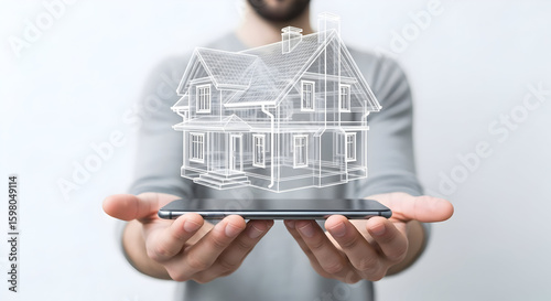 Digital blueprint of a house floats above a mobile phone held by a man in a gray shirt