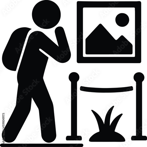 Silhouette man viewing art behind rope barrier vector illustrator