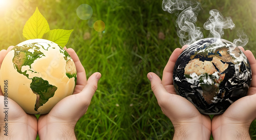 Hands holding Earths; One healthy and one polluted, demonstrating environment concepts