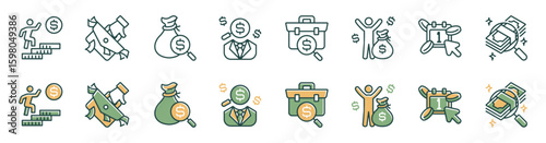 finance income work salary icon line set employee job paycheck success commission achievement payment online money earning with magnifier search dollar signs vector outline illustration