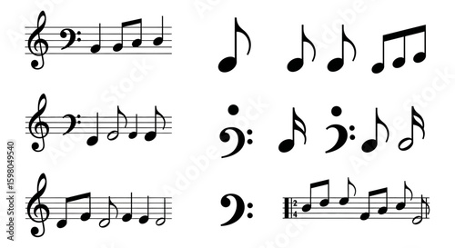 A collection of musical notes and clefs arranged in rows, showcasing different symbols and notations used in sheet music.