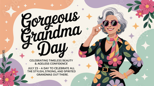 Stylish grandmother wearing sunglasses and floral dress celebrating Gorgeous Grandma Day, a day to celebrate all the stylish, strong, and spirited grandmas out there