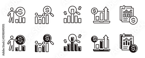 financial report bar chart icon line set business profit growth graph report earning performance accounting management signs vector outline illustration