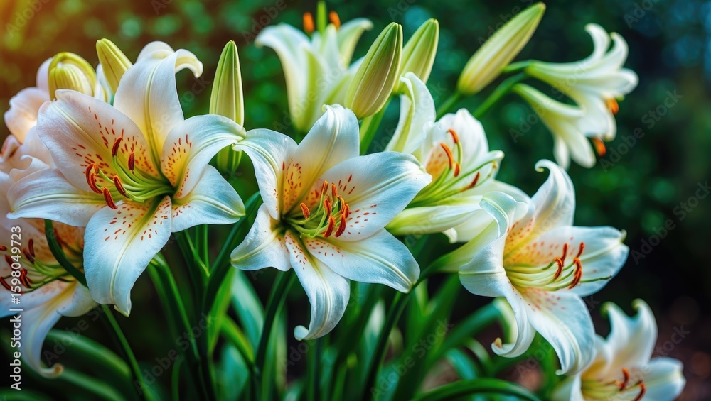 Fototapeta premium White lilies with orange and red markings in bloom against a blurred green background