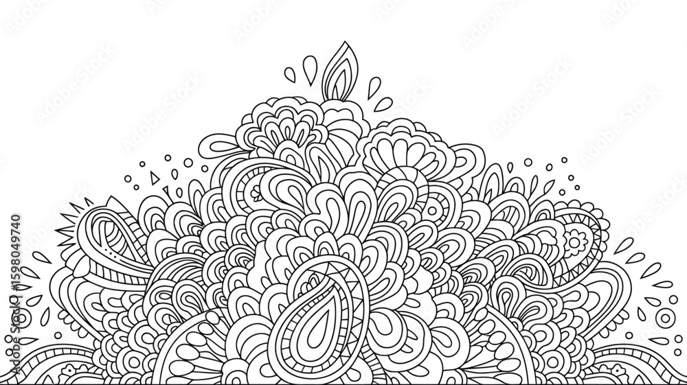 Fototapeta premium Detailed paisley pattern with intricate floral elements and swirls, perfect for coloring books, henna designs, fabric prints, and artistic backgrounds, radiating elegance and creativity