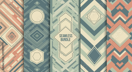Five vertical abstract patterns with geometric shapes and decorative frames displayed.