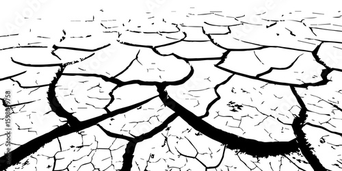 "A stark, black and white, high-contrast image showing a wide expanse of deeply cracked earth, stretching towards a distant horizon, emphasizing the textures and patterns of drought and desiccation."