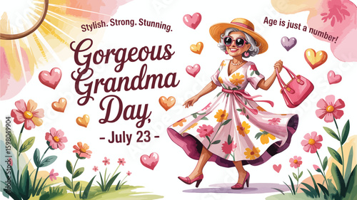 Stylish Grandma in Floral Dress Celebrating Gorgeous Grandma Day on July 23, surrounded by flowers and hearts, embodying beauty and youthful spirit with a positive affirmation