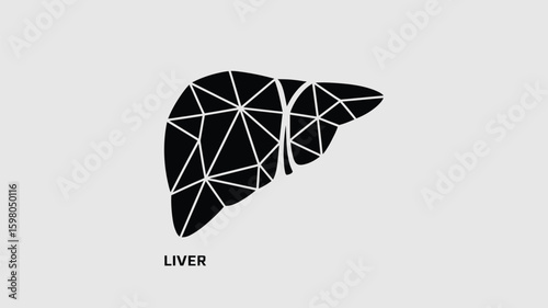 Geometric black liver illustration displays anatomical structure with polygonal design for medical and educational purposes, emphasizing human anatomy and healthcare