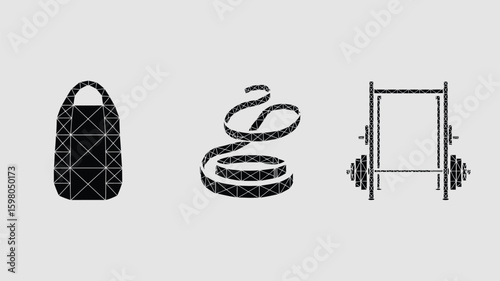 Geometric workout elements showcase fitness and health, including a punching bag, measuring tape, and weightlifting equipment, perfect for gym or at-home routines