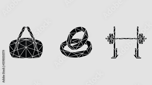 Geometric fitness icons feature a gym bag, exercise rings, and barbell, providing a modern and stylized representation of workout equipment and fitness activities