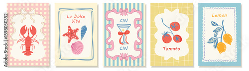 Set of summer Mediterranean posters with Italian vibes. Hand-drawn vector illustrations.  Amalfi. Italian food- lobster, tomatoes, lemons, sardines, and cocktails. Perfect for kitchen decor, cafe menu