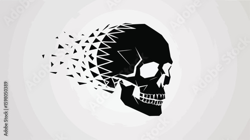 Stylized black skull dissolving into geometric fragments, symbolizing change, decay, or transformation with a modern abstract artistic representation of mortality and rebirth.