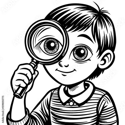 A black and white drawing of a boy looking through a magnifying glass