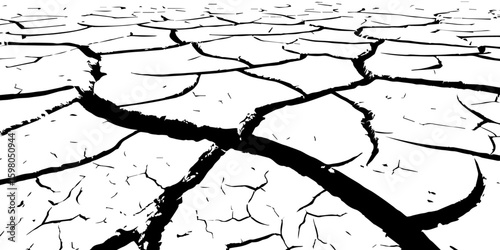 "A stark, black and white, high-contrast image showing a wide expanse of deeply cracked earth, stretching towards a distant horizon, emphasizing the textures and patterns of drought and desiccation."