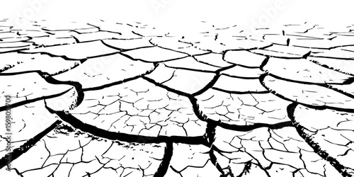 "A stark, black and white, high-contrast image showing a wide expanse of deeply cracked earth, stretching towards a distant horizon, emphasizing the textures and patterns of drought and desiccation."