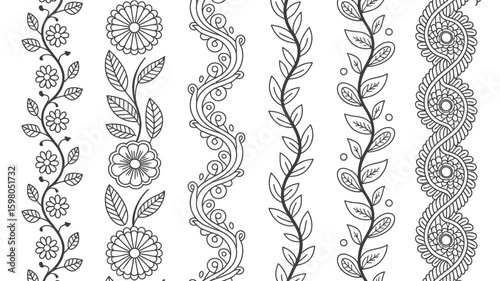 Botanical line art collection featuring floral and leaf patterns in a seamless design, ideal for textile prints, wallpaper, henna designs, or decorative borders in monochrome style