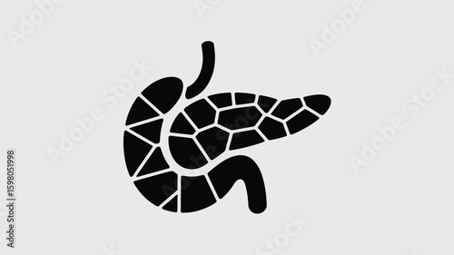 Abstract black geometric pancreas organ with duodenum and pancreatic duct, representing internal anatomy for medical, scientific, or health concepts