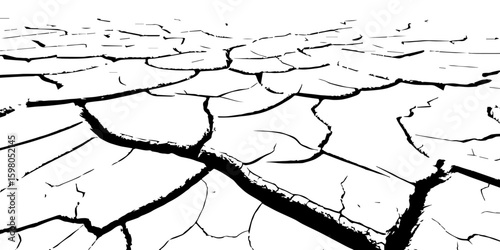 "A stark, black and white, high-contrast image showing a wide expanse of deeply cracked earth, stretching towards a distant horizon, emphasizing the textures and patterns of drought and desiccation."