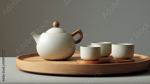 Minimalist tea set on wooden tray with neutral lighting