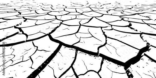 "A stark, black and white, high-contrast image showing a wide expanse of deeply cracked earth, stretching towards a distant horizon, emphasizing the textures and patterns of drought and desiccation."