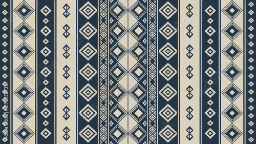 Intricate geometric tribal pattern with navy blue and cream diamond motifs and vertical stripes, evoking a sense of traditional textile art and cultural heritage, Yakan weaving