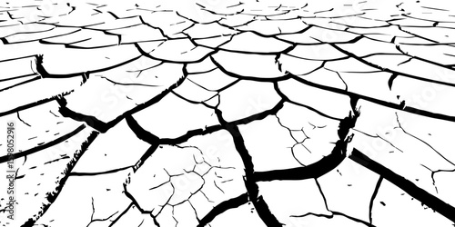 "A stark, black and white, high-contrast image showing a wide expanse of deeply cracked earth, stretching towards a distant horizon, emphasizing the textures and patterns of drought and desiccation."