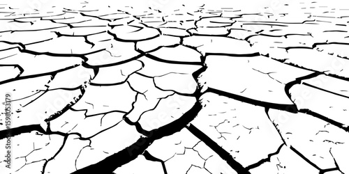 "A stark, black and white, high-contrast image showing a wide expanse of deeply cracked earth, stretching towards a distant horizon, emphasizing the textures and patterns of drought and desiccation."