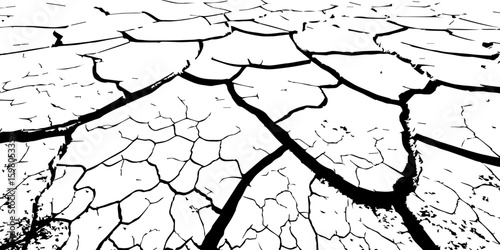 "A stark, black and white, high-contrast image showing a wide expanse of deeply cracked earth, stretching towards a distant horizon, emphasizing the textures and patterns of drought and desiccation."
