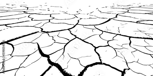 "A stark, black and white, high-contrast image showing a wide expanse of deeply cracked earth, stretching towards a distant horizon, emphasizing the textures and patterns of drought and desiccation."