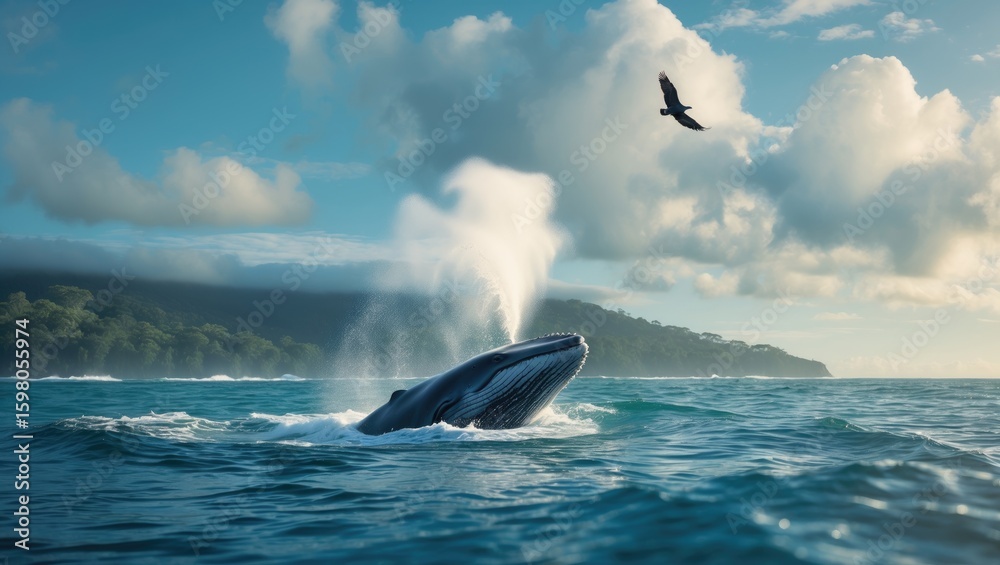 Fototapeta premium A whale breaching the water with a bird flying above in the sky, ocean scene.