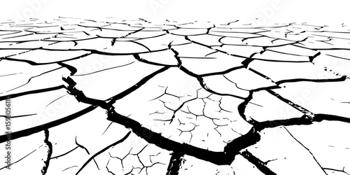 "A stark, black and white, high-contrast image showing a wide expanse of deeply cracked earth, stretching towards a distant horizon, emphasizing the textures and patterns of drought and desiccation."