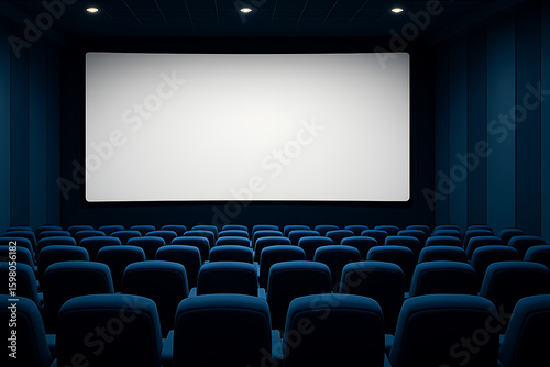 Empty cinema theater interior with blank white movie screen, rows of blue auditorium seats, entertainment background template for video projection, film presentation, advertising or mockup display

