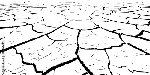"A stark, black and white, high-contrast image showing a wide expanse of deeply cracked earth, stretching towards a distant horizon, emphasizing the textures and patterns of drought and desiccation."